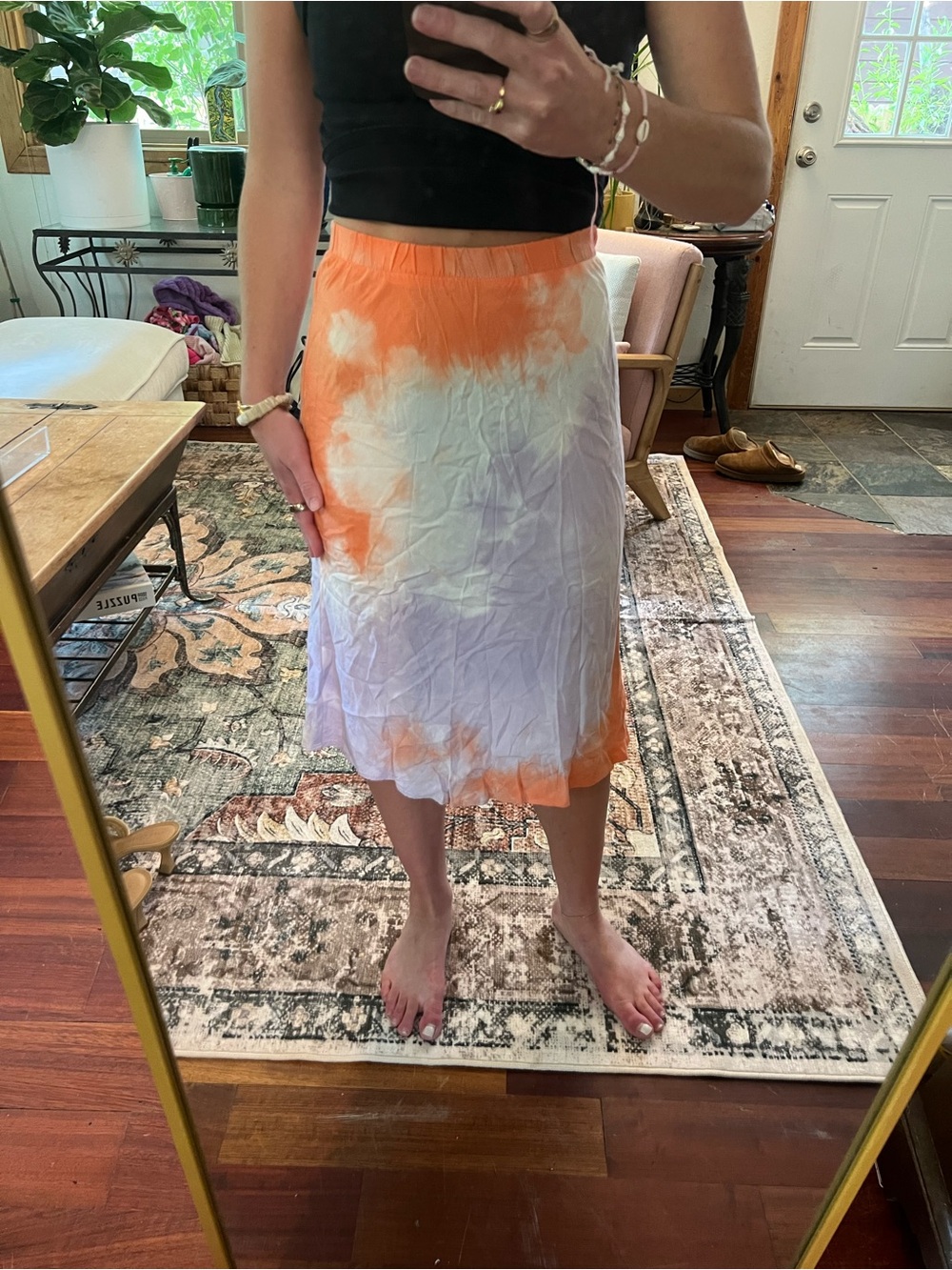 DREW Orange, White & Lavender Tie-Dye Midi Skirt